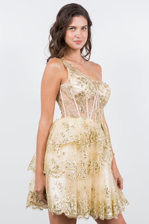 Lace One-Shoulder Tiered Skirt Cocktail Dress for Women 4/XS-16/3X